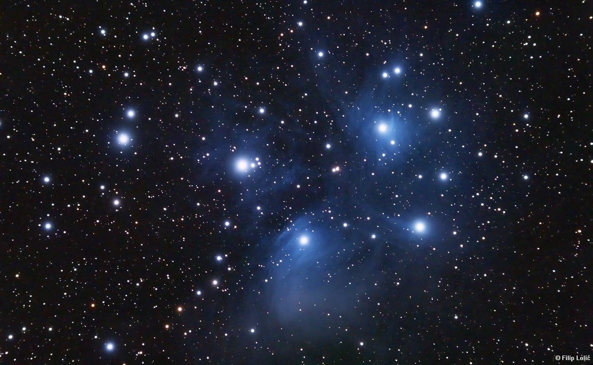 An image of the Matariki star cluster (Pleides) against a background of black night sky and a star field, by Filip Lolic.