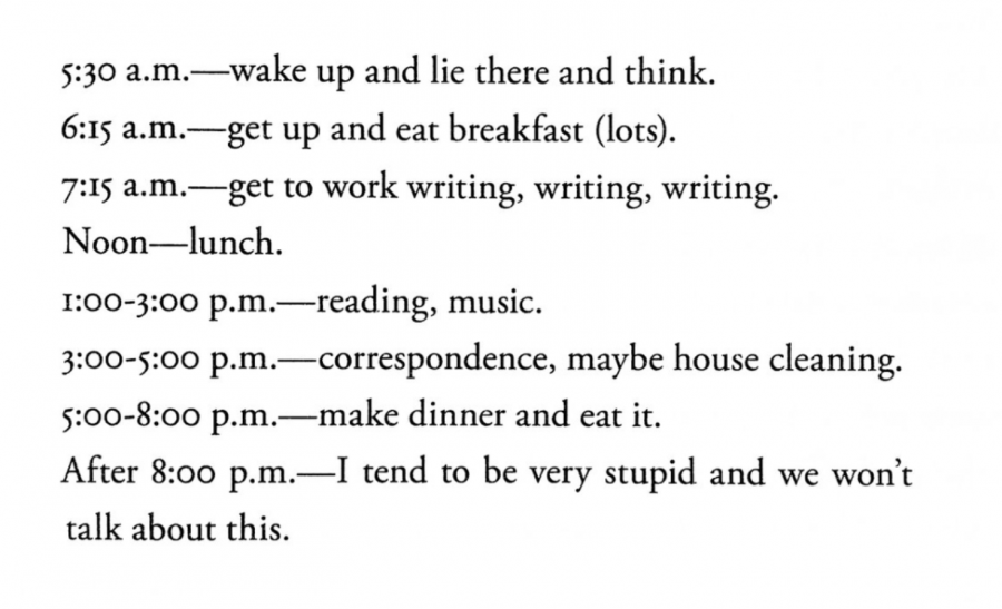 5:30: wake up and lie there and think. 6:15: get up and eat breakfast (lots). 7:15am: get to work writing, writing, writing. Noon: lunch. 1-3: reading, music. 3-5: correspondence, maybe house cleaning. 5-8: make dinner and eat it. After 8pm: I tend to be very stupid and we won't talk about this.