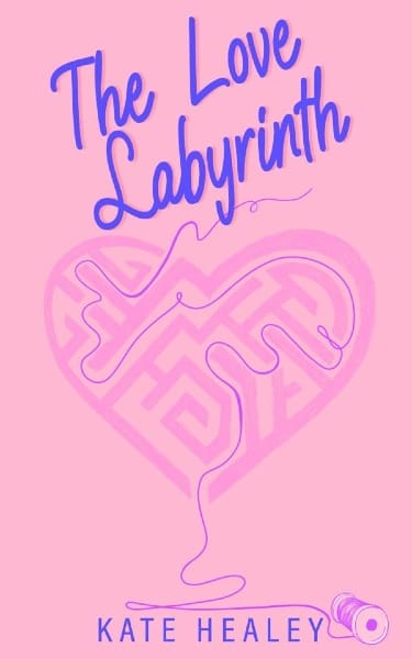 A peachy background with a pink maze in the shape of a heart, threaded through with a spool of purple thread. The blue title reads: The Love Labyrinth.